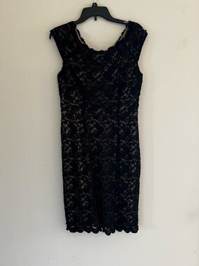 Connected Apparel Black Lace Midi Crochet Sheath Dress Champagne lining